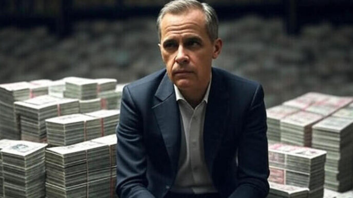 Mark Carney sitting on a pile of money