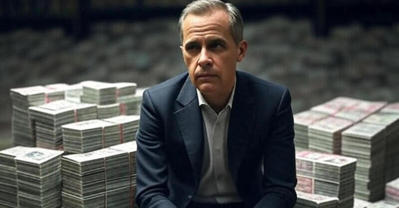 Mark Carney sitting on a pile of money